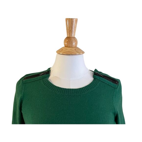Tahari Dark Green Extrafine Merino Wool Crew Neck Sweater, Zipper Detail, S - Picture 2 of 11